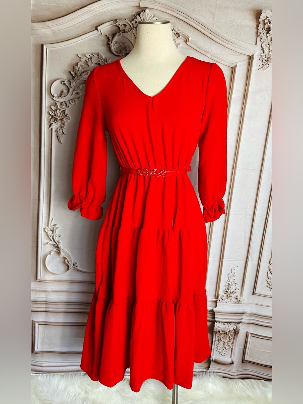 Vibrant Red V-Neck Tiered Midi Dress